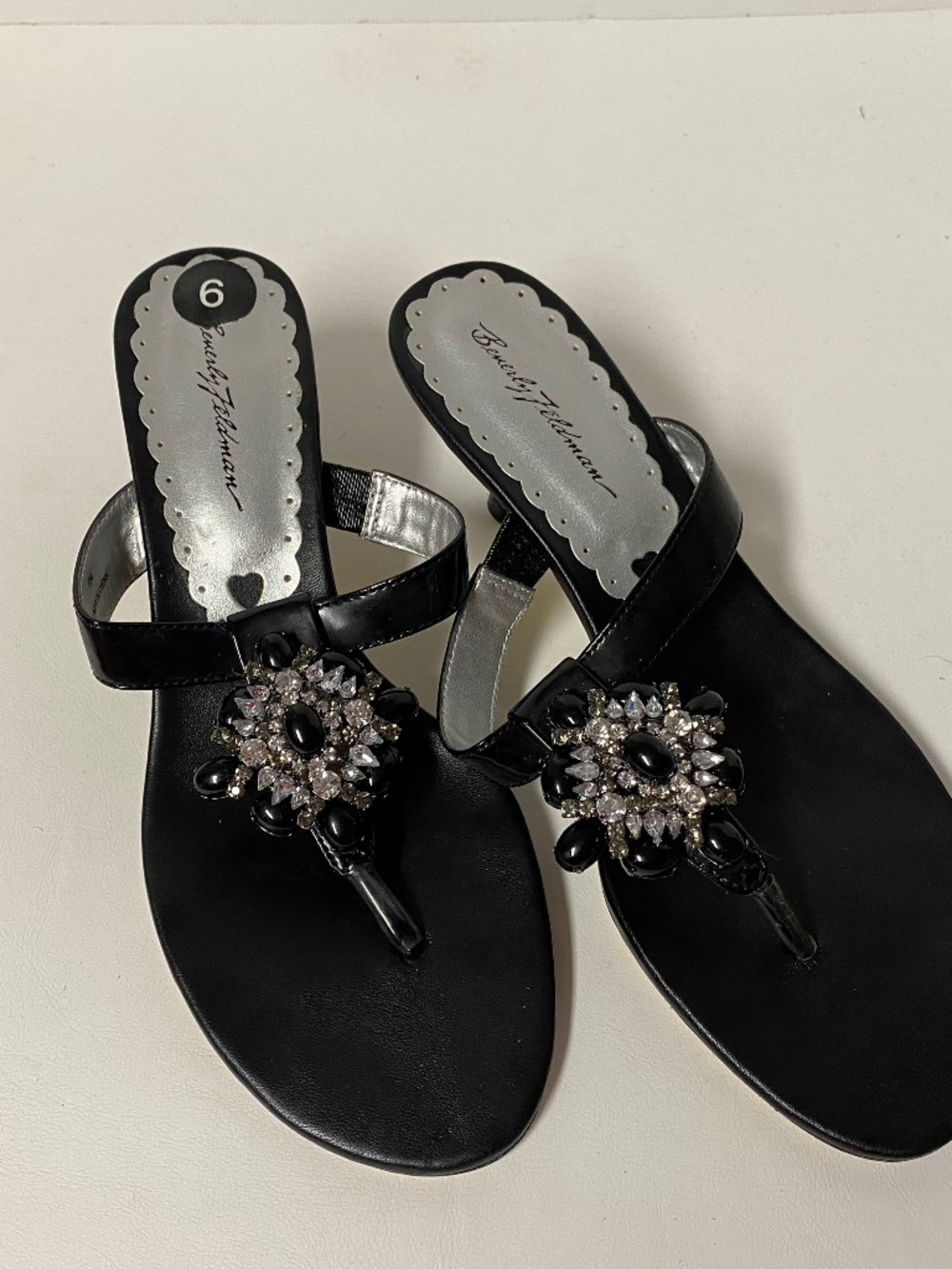 Vintage Beverly Feldman Size 9 • Black Embellished Sandals • Kitten Heel